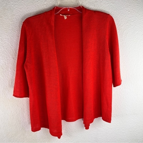 EILEEN FISHER Orange Short Sleeve Open Front Sweater. 100% Linen. Size PS - Picture 1 of 5